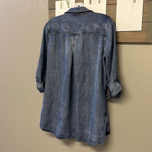 Side Stitch Dark Wash Long Sleeve Lyocell Botton Down Shirt- XSP - Picture 6 of 16